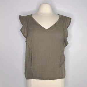 Michael Stars taupe crinkle fabric ruffle short sleeve top size women’s  Large